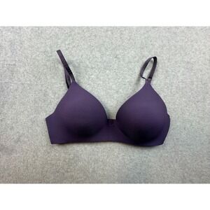 Victorias Secret Wireless Ribbed Bra Dark Purple Logo Strap 34C Lightly Lined